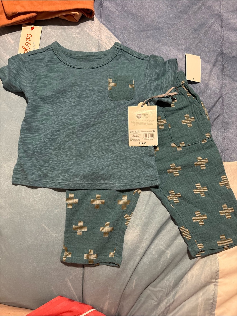 cloud island Teal Short-Sleeve Set with Tan Crosses